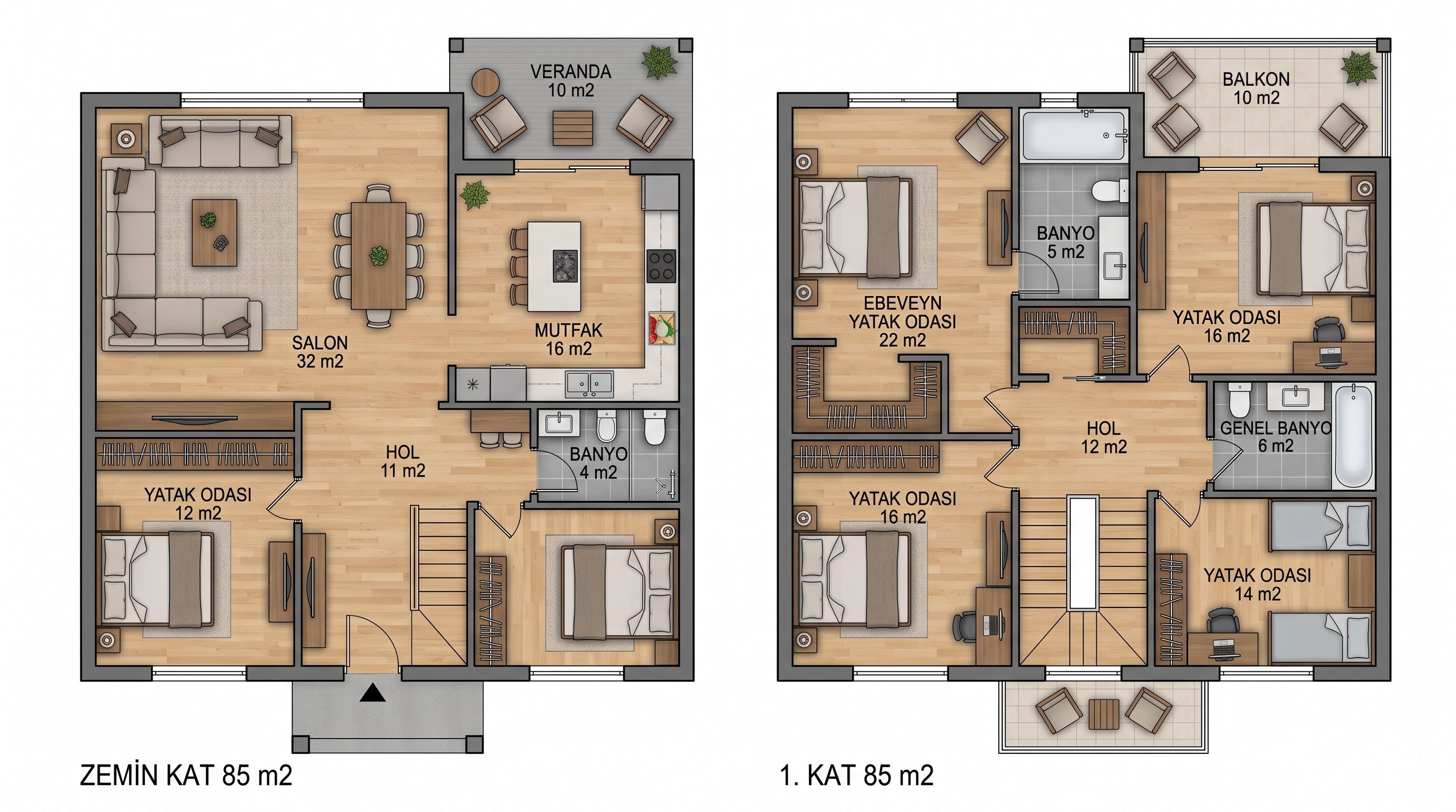 170 m² (4+1) Çift Katlı Prefabrik Ev - Kat Planı